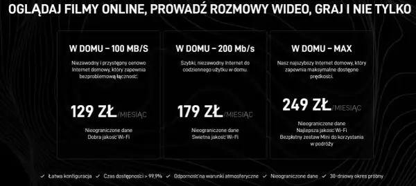 Internet od Elona Muska: wybierz pakiet 100, 200 lub MAX Mb/s dla domu. Oglądaj filmy, graj, pracuj bez ograniczeń.