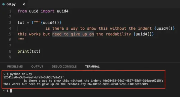 Code Python générant des UUIDs. Le terminal affiche les UUIDs générés, montrant la difficulté de les afficher sans indentation tout en gardant la lisibilité.