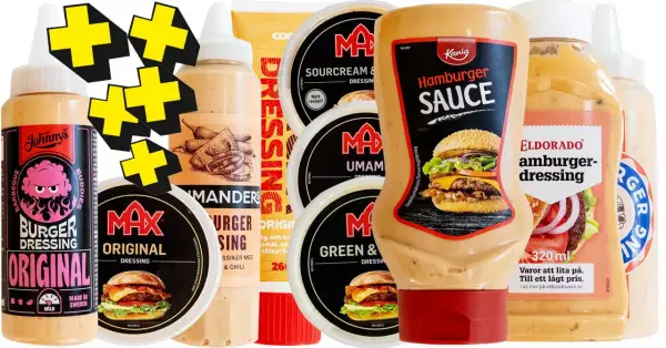 En samling hamburgerdressingar och såser, inklusive Kanias Hamburger Sauce och Eldorado Hamburger Dressing. Perfekt för att hitta ditt favorithamburgerdressing recept.