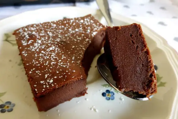 Un délicieux gâteau chocolat mascarpone facile, saupoudré de sucre glace, servi sur une assiette fleurie.