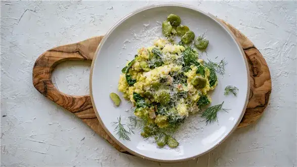 Risotto z bobem i wędzonym kurczakiem