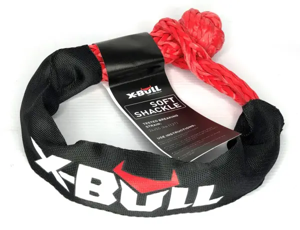 Czerwona, miękka szekla X-BULL z czarnym oplotem i białym logo, gotowa do akcji.