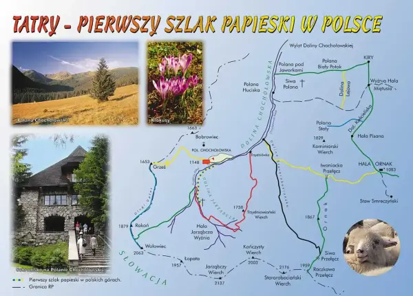 Mapa Tatr z zaznaczonym szlakiem papieskim, widok na Polanę Chochołowską, krokusy i schronisko.