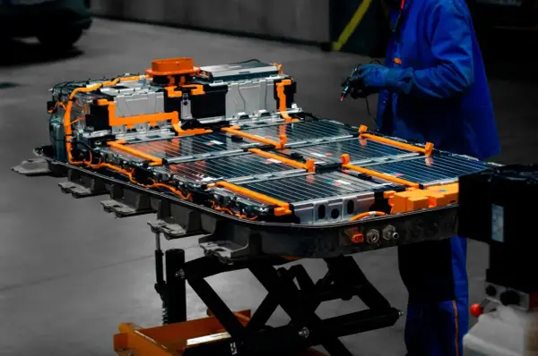 Assemblaggio di batterie per macchine elettriche, con cavi arancioni e celle metalliche. Un tecnico in tuta blu lavora sul pacco batteria.