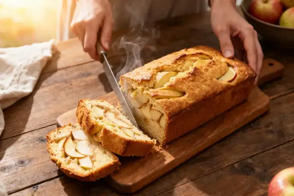 Un quatre-quarts aux pommes moelleux et parfumé, prêt à être dégusté. La meilleure recette pour un goûter réconfortant.