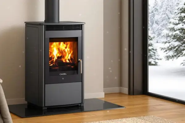 Poêle à bois Cadel en feu, avec une vue sur un paysage enneigé. L'alarme pressostat assure un fonctionnement sûr.