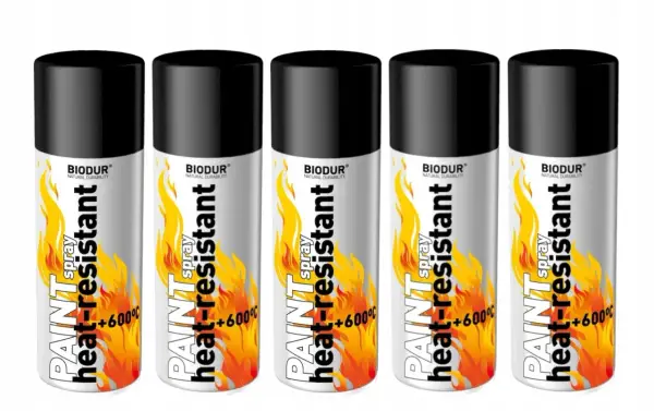 Pięć puszek żaroodpornej emalii w sprayu BIODUR. Idealna do ochrony przed wysoką temperaturą.