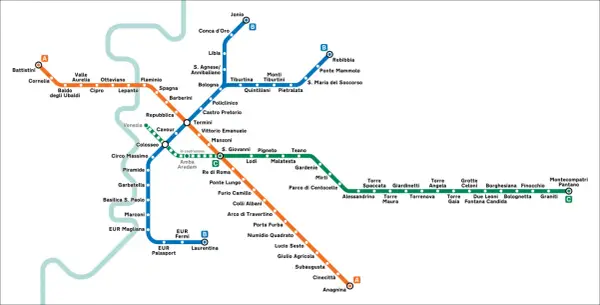 Mappa della metro di Roma con linee A (arancione), B (blu) e C (verde). Ideale per esplorare la città con il metro gratis.