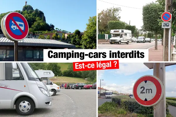Panneaux interdisant le camping-car sauvage. Des camping-cars sont garés dans un parking.