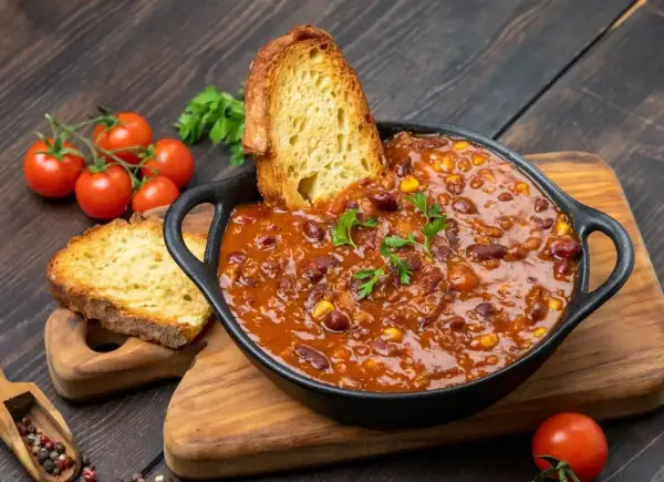 Gęste chili con carne z fasolą i kukurydzą, podane z chrupiącym pieczywem. Idealny obiad na dwa dni, który rozgrzeje i nasyci.