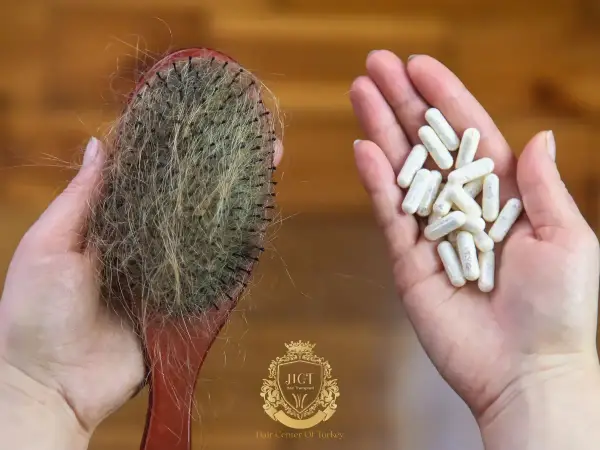 Cepillo con pelo caído y mano con cápsulas, buscando las mejores vitaminas para el pelo.