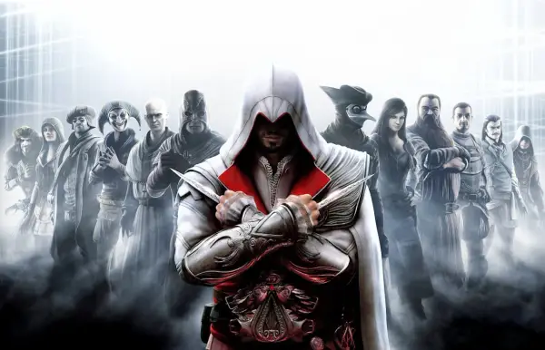 Postacie z gry Assassin's Creed, w tym główny bohater w białym kapturze z ukrytymi ostrzami, gotowi do akcji. To chyba najlepszy assassin's creed.
