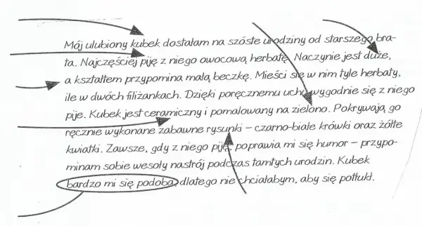 Opis siebie klasa 4: mój ulubiony zielony kubek z krówkami i kwiatkami, przypomina beczkę, idealny na herbatę.