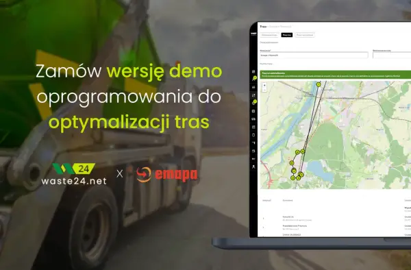 Oprogramowanie do optymalizacji tras Waste24.net i Emapa prezentuje wyznaczanie trasy dojazdu z zaznaczonymi punktami i czasem przejazdu.