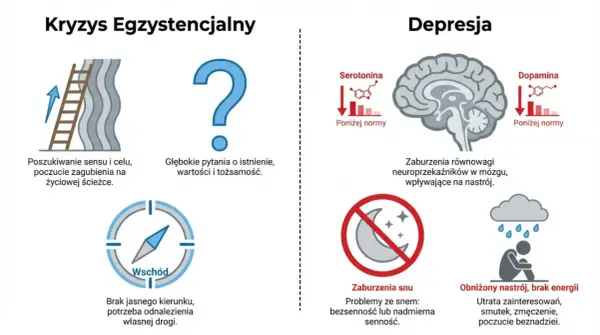 Kryzys egzystencjalny vs. depresja: drabina do celu, znak zapytania, kompas, mózg z zaburzeniami neuroprzekaźników, problemy ze snem i obniżony nastrój.