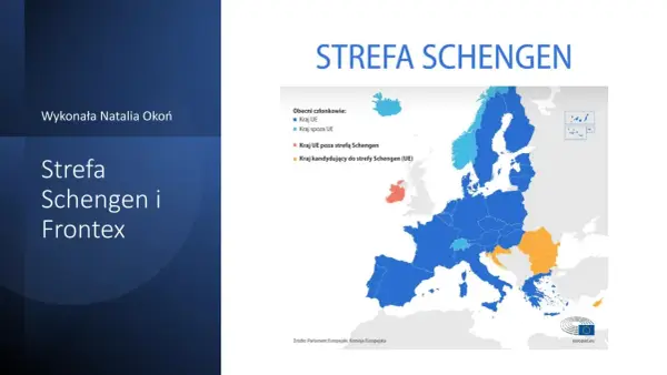 Mapa Europy z zaznaczonymi krajami strefy Schengen, UE i krajami kandydującymi.