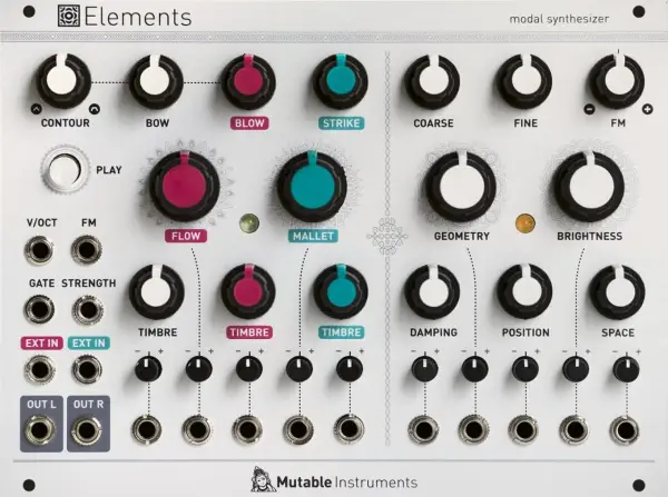 Panel syntezatora modalnego Mutable Instruments Elements z licznymi gałkami i złączami do modulacji dźwięku.