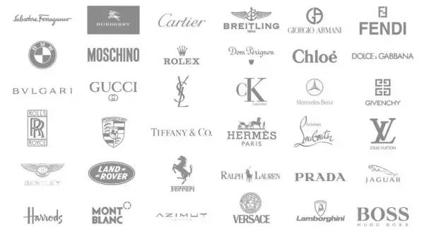 Kolekcja logotypów luksusowych marek: od samochodów (BMW, Rolls-Royce, Porsche, Bentley, Land Rover, Jaguar, Lamborghini) po modę (Gucci, Fendi, Prada, Louis Vuitton, Hermes, Burberry, Moschino, Calvin Klein, Chloé, Dolce & Gabbana, Giorgio Armani, Ver...