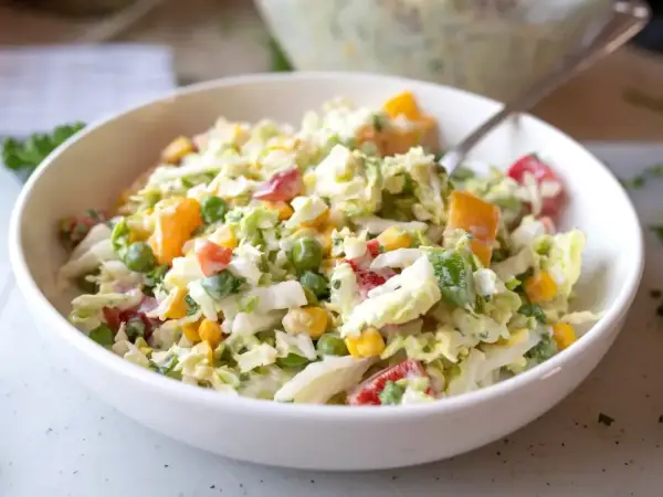 Pyszna surówka z kapusty pekińskiej i kukurydzy, z dodatkiem papryki i groszku, polana kremowym sosem. Idealna na lekki posiłek.