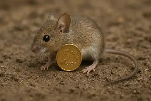 Mała mysz polna z monetą 5 groszy. Ciekawe, ile żyje mysz polna, czy dłużej niż ta moneta?
