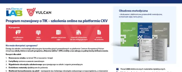 Logo eduSens LAB VULCAN, ikony: szkolenia, baza wiedzy, scenariusze, materiały, pomoc. Obok książki: DYSLEKSJA, SPEKTRUM AUTYZMU, MATŚWIAT.