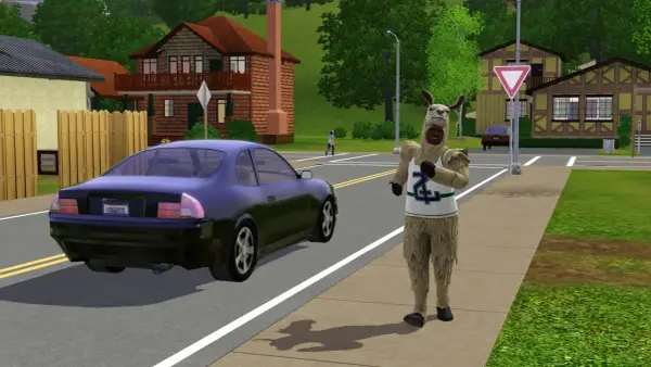 Sim w stroju lamy na ulicy, jakby właśnie wysiadł z samochodu, gotowy na przygody w The Sims 2 na studiach.
