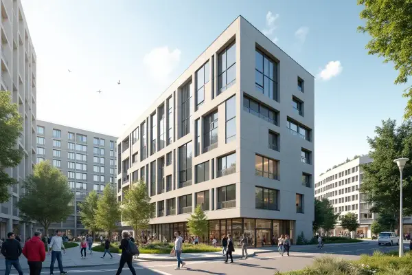 Nowoczesne budynki mieszkalne z dużymi oknami, zielenią i ludźmi spacerującymi po placu. Czy to nowe TBS?