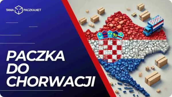 Mapa Chorwacji ułożona z paczek, z ciężarówką i mniejszymi przesyłkami. Twoja paczka do Chorwacji dotrze szybko i bezpiecznie.