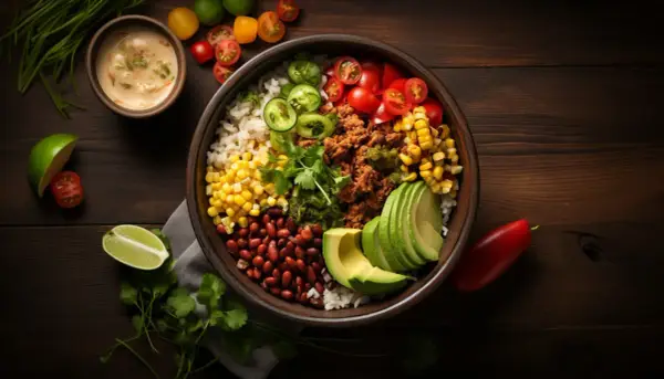Kolorowy burrito bowl z ryżem, fasolą, kukurydzą, mięsem mielonym, awokado, pomidorkami i jalapeno.
