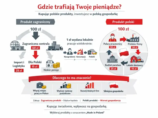 Porównanie wydatków: 100 zł na produkt zagraniczny vs. polski. Kupując polskie produkty, wspierasz polskie firmy, pracowników i budżet państwa.