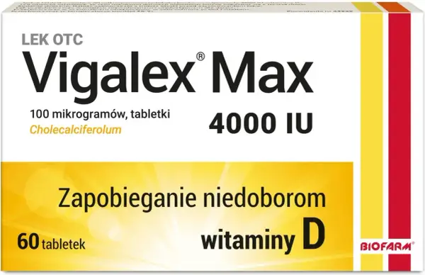 Opakowanie leku Vigalex Max, 4000 IU, 60 tabletek. Zapobiega niedoborom witaminy D.