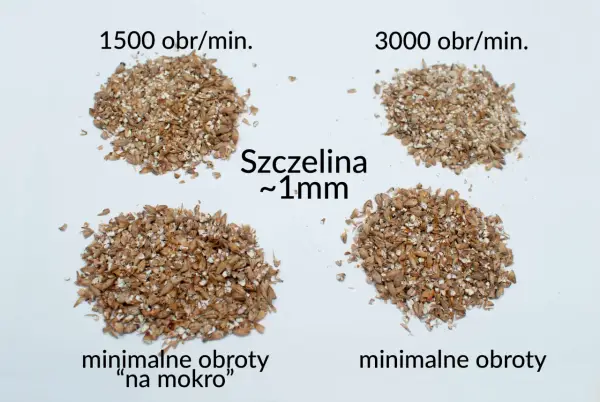 Porównanie śrutowania ziarna przy 1500 i 3000 obr/min, szczelina ~1mm. Analiza przyczyn niskiej wydajności zacierania i jak lepiej śrutować ziarno.
