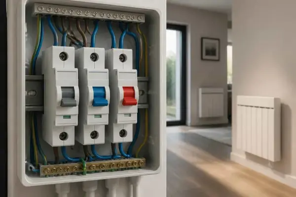 Boîtier électrique avec disjoncteurs, dont un pour le disjoncteur volet roulant, dans un intérieur moderne.