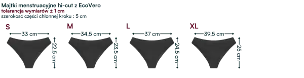 Majtki menstruacyjne hi-cut. Rozmiar M ma szerokość 34,5 cm, a długość 23,5 cm. Tolerancja wymiarów to ± 1 cm.