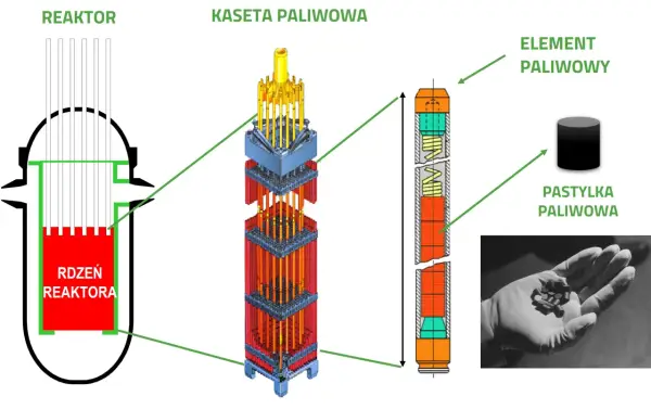 Schemat reaktora, kasety paliwowej i elementu paliwowego. Widać pastylki paliwowe, które tworzą paliwo jądrowe.