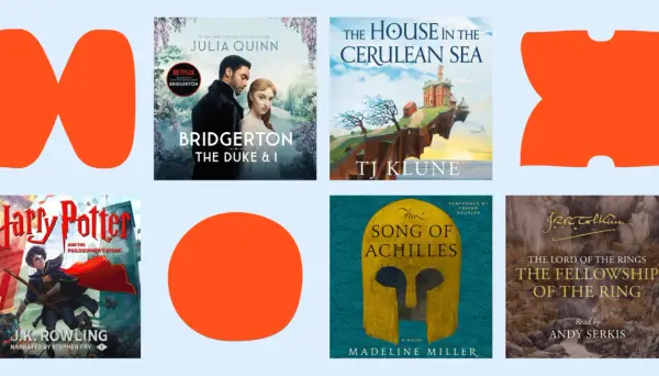 Kolekcja audiobooków po angielsku: "Bridgerton", "The House in the Cerulean Sea", "Harry Potter", "The Song of Achilles", "The Lord of the Rings".
