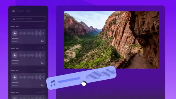 Interfaz de edición de video con paisaje de cañón y lista de audios libres de derechos.
