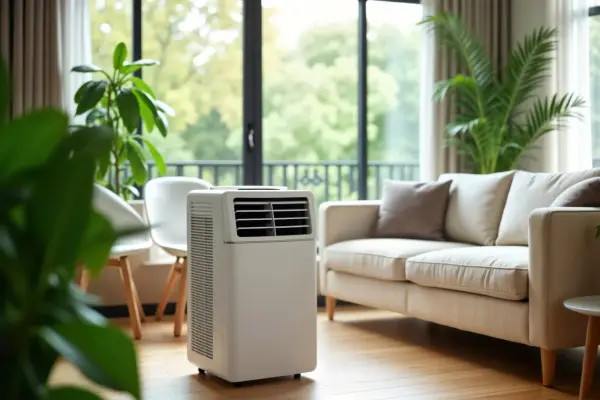 Climatiseur mobile blanc dans un salon lumineux, près d'un canapé beige et de plantes vertes. Idéal pour un confort optimal, même par temps chaud.