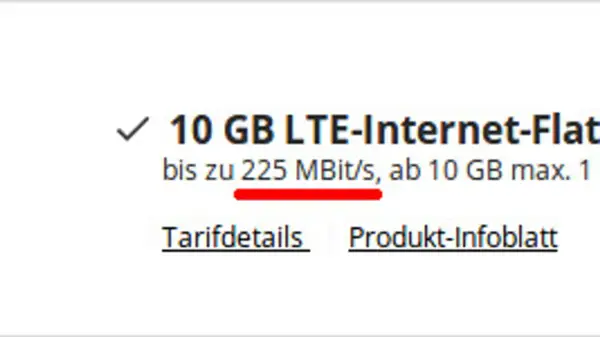 10 GB LTE-Internet-Flat mit bis zu 225 MBit/s. Die mb/s bedeutung hier ist Megabit pro Sekunde, eine Angabe zur Geschwindigkeit.