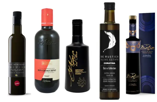 Varias botellas de aceite de oliva virgen extra, incluyendo aceitunas para aceite de Coratina, con etiquetas elegantes y distintivas.