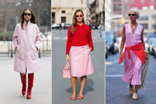 Tre donne sfoggiano un outfit rosa e rosso: cappotto rosa con stivali rossi, maglia rossa con gonna rosa, e abito rosa con maglia rossa legata in vita.