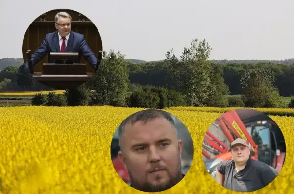 Kto stoi za projektem ustawy o rzeczniku praw rolników i ile to będzie kosztować? Na zdjęciu polityk i dwaj rolnicy na tle kwitnącego rzepaku.