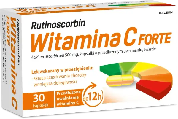 Opakowanie Rutinoscorbin Witamina C Forte, 30 kapsułek o przedłużonym uwalnianiu. Informacja o dawkowaniu i wskazaniach przy przeziębieniu.