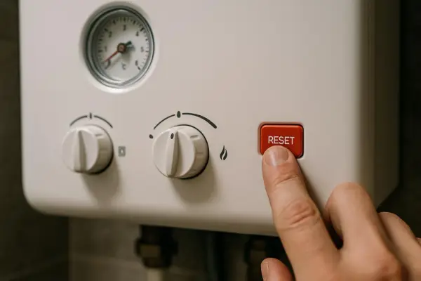 Palec naciska czerwony przycisk RESET na piecu gazowym. Dowiedz się, jak zresetować piec gazowy, gdy wystąpi problem.