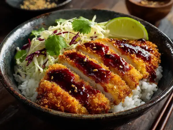 Krispig chicken katsu med ris, kålsallad och en mörk sås. En limeklyfta toppar rätten.