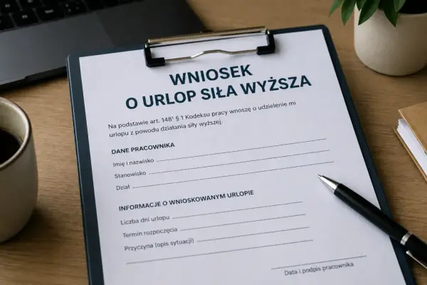 Wniosek o urlop siła wyższa. Dokument zawiera dane pracownika i informacje o wnioskowanym urlopie.