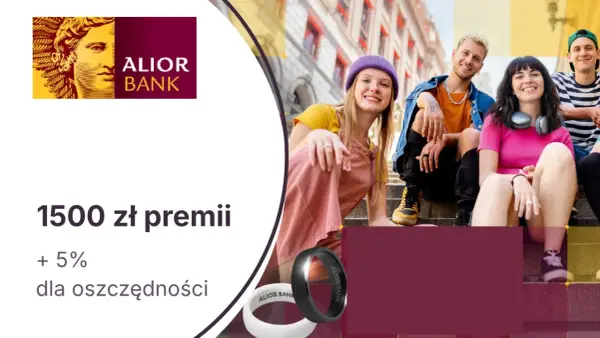 Alior Bank promocja za założenie konta: 1500 zł premii i 5% dla oszczędności. Uśmiechnięci młodzi ludzie siedzą na schodach.