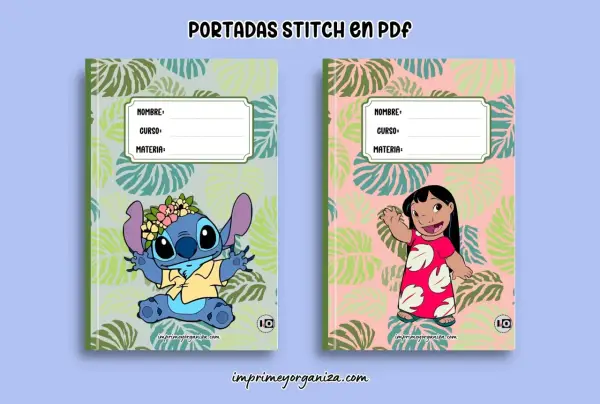 Portadas para trabajos infantiles con Stitch y Lilo. Ideales para organizar las tareas escolares con un toque divertido.