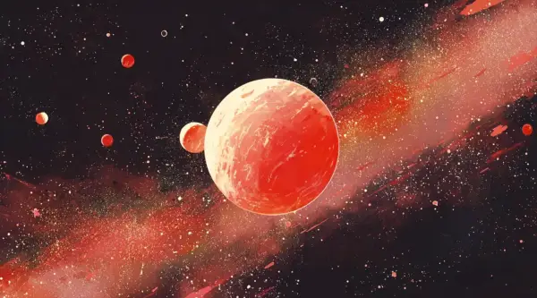 Czerwone planety, w tym Mars w raku, unoszą się w gwiezdnym pyle.
