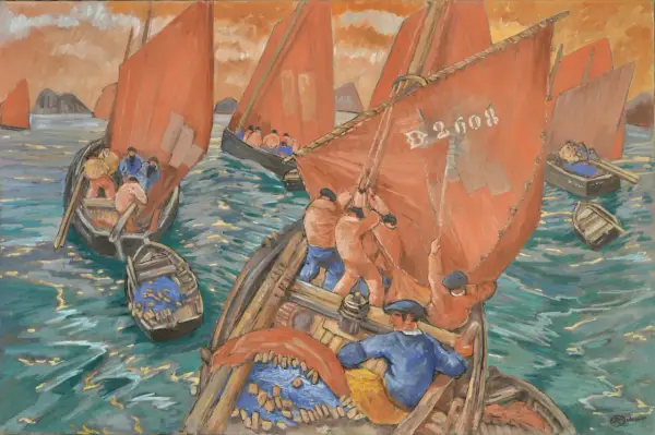Pêcheurs hissant les voiles rouges sur leurs bateaux, une scène maritime vibrante dans le style de Mathurin Méheut.